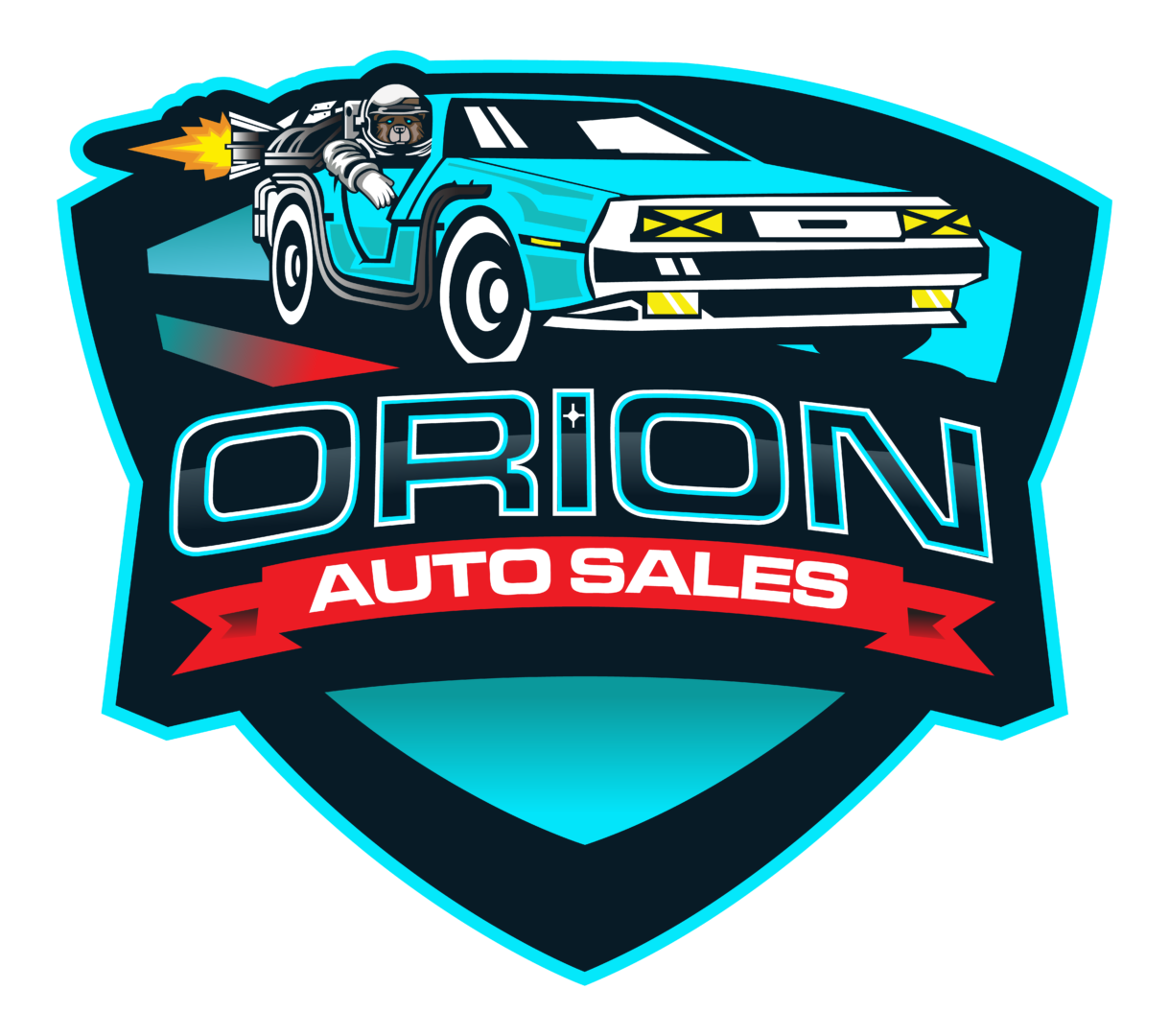 Logo for Orion Auto Sales featuring a retro-futuristic car with a driver, set against a shield backdrop with a red ribbon.